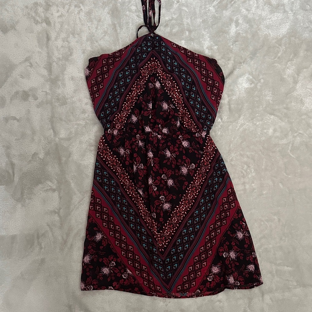Express Halter Neck in Black and Red Floral Pattern Short Dress